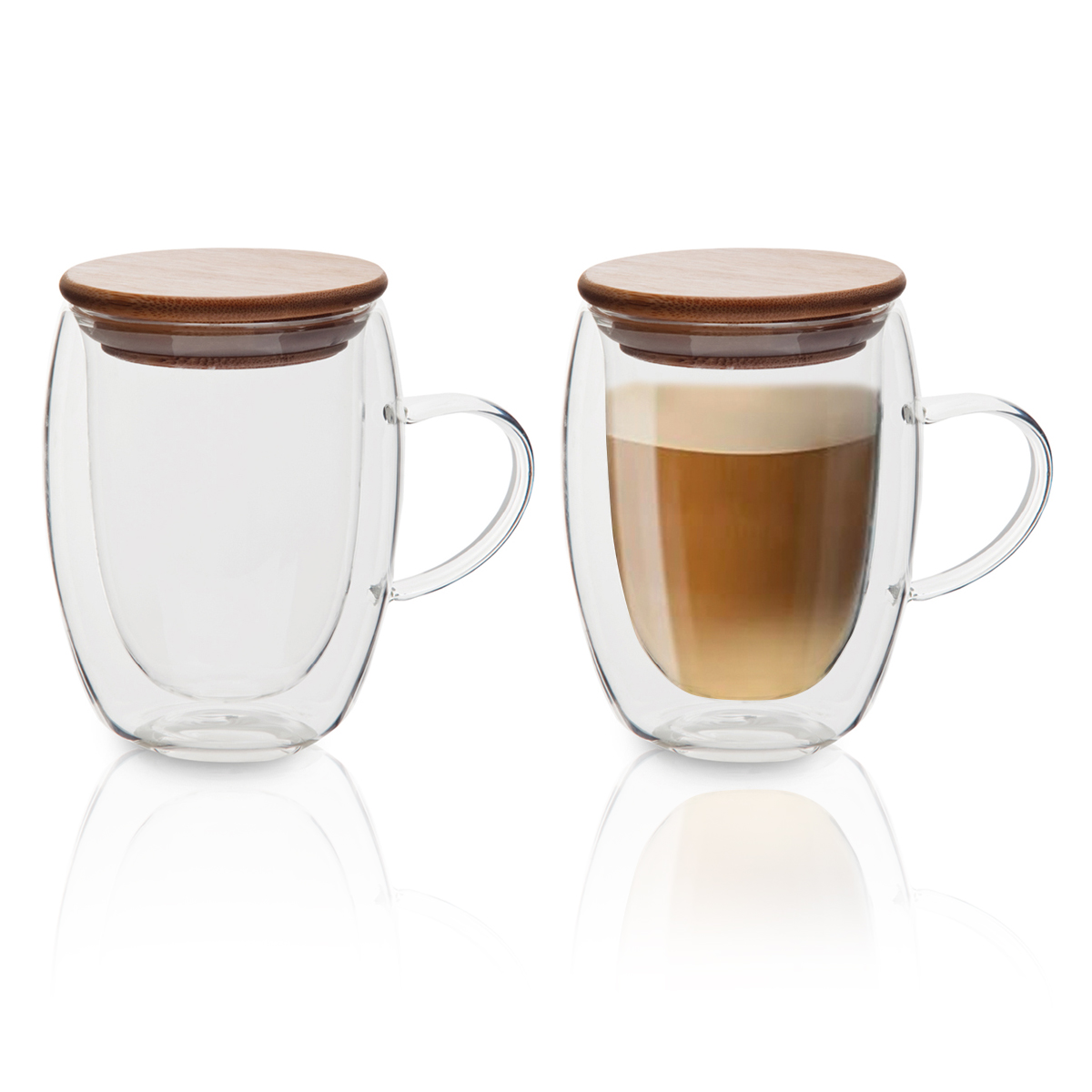 כוס זכוכית דופן כפולה ומכסה במבוק 350 מל